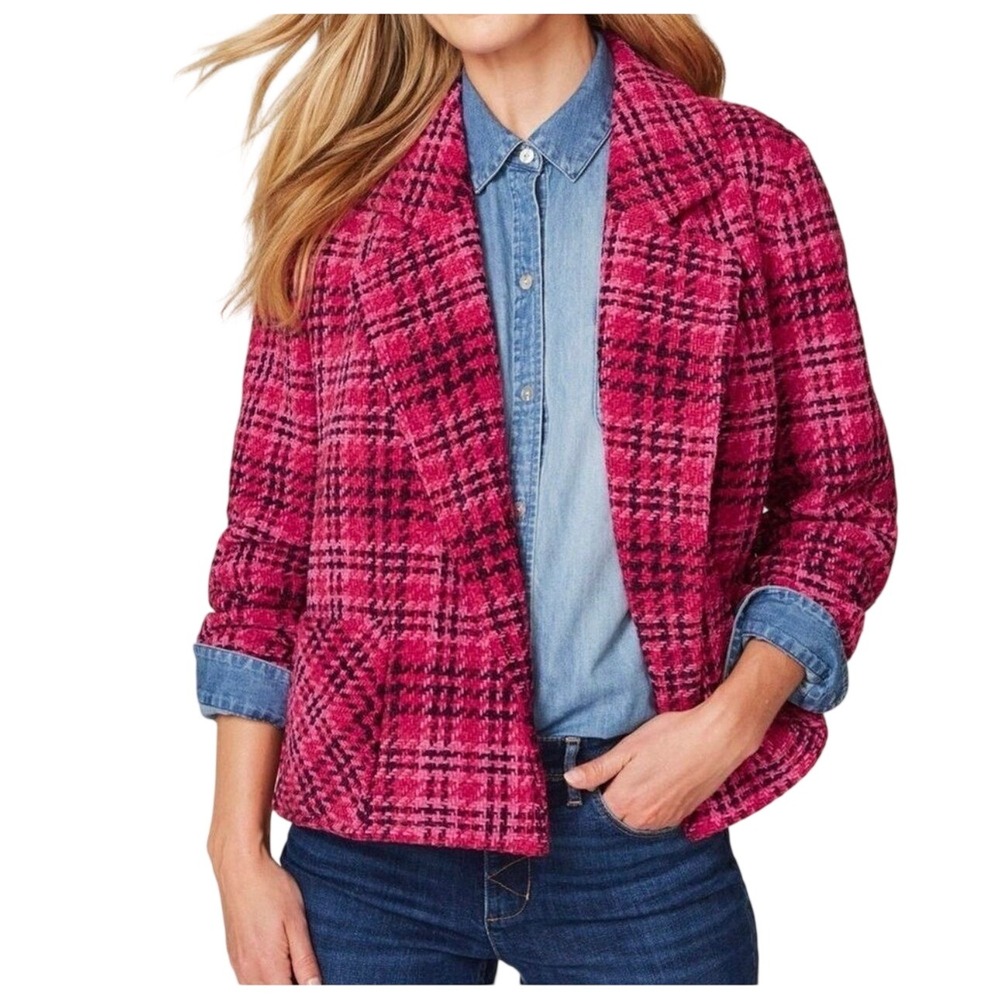 J. Jill Plaid Chenille Blazer Women XL TALL Pink‎ Black Open Front Academia $149